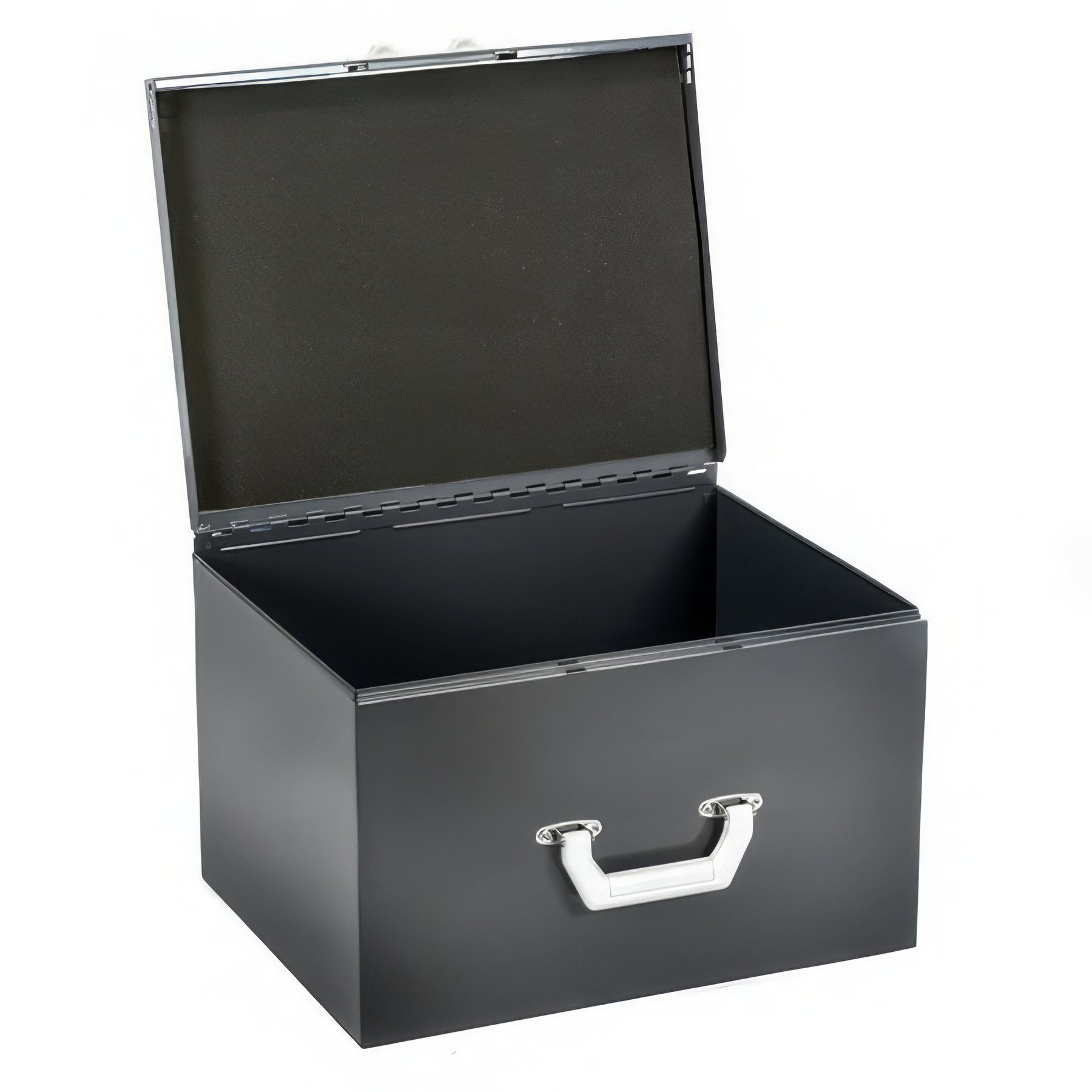Otwarta czarna metalowa skrzynia transportowa z uchwytem, packshot na białym tle