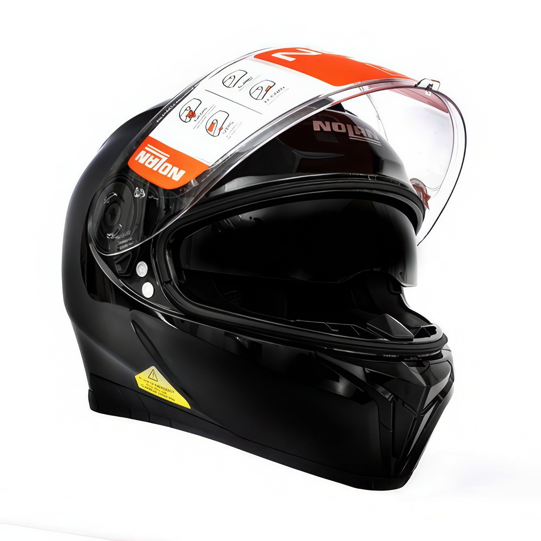 Czarny kask motocyklowy Nolan z uniesioną szybą, packshot na białym tle